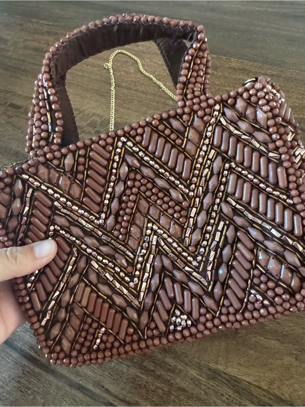 Brown Beaded Rhinestone Mini Bag Top Handle Crossbody Purse